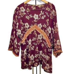 S1. Quizz Woman Bazaar Bohemian Floral Print Blouse Sequin & Bead Accents Sz 20